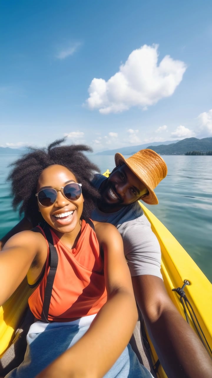 Heureux couple afro-américain prenant un selfie en faisant du kayak