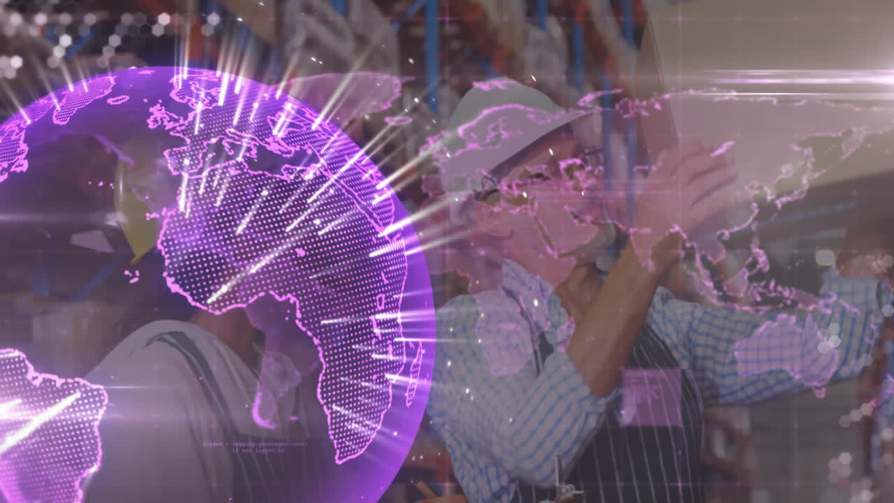 Purple digital globe animation over worker in striped apron adjusting machinery