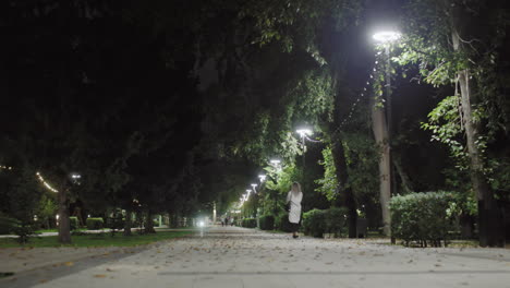 serene night park scene with lady in white coat walking along tree-lined path illuminated by street lamps, dry foliage scattered on ground, and people moving in distance beneath soft glowing lights
