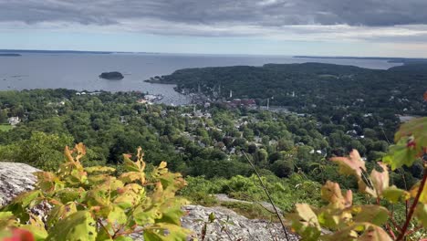 4k shot overlooking camden maine from high above mount battie