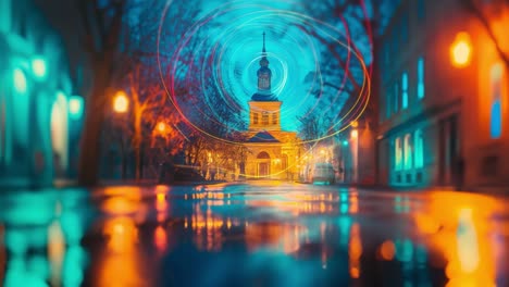 city at night with church and reflections