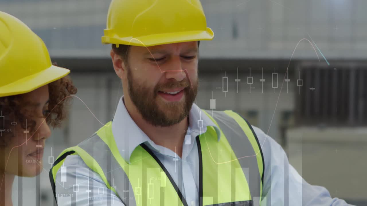 Animation of statistics processing over male and female architects talking at construction site