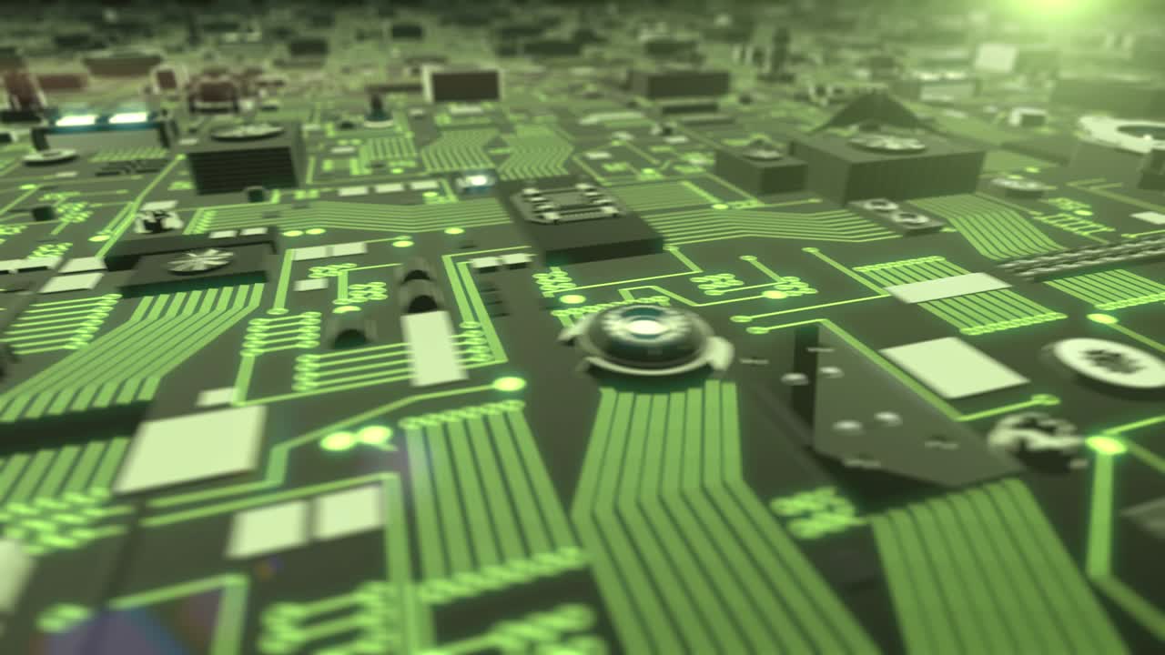 rotación de la placa de circuitos futurista iluminada en verde