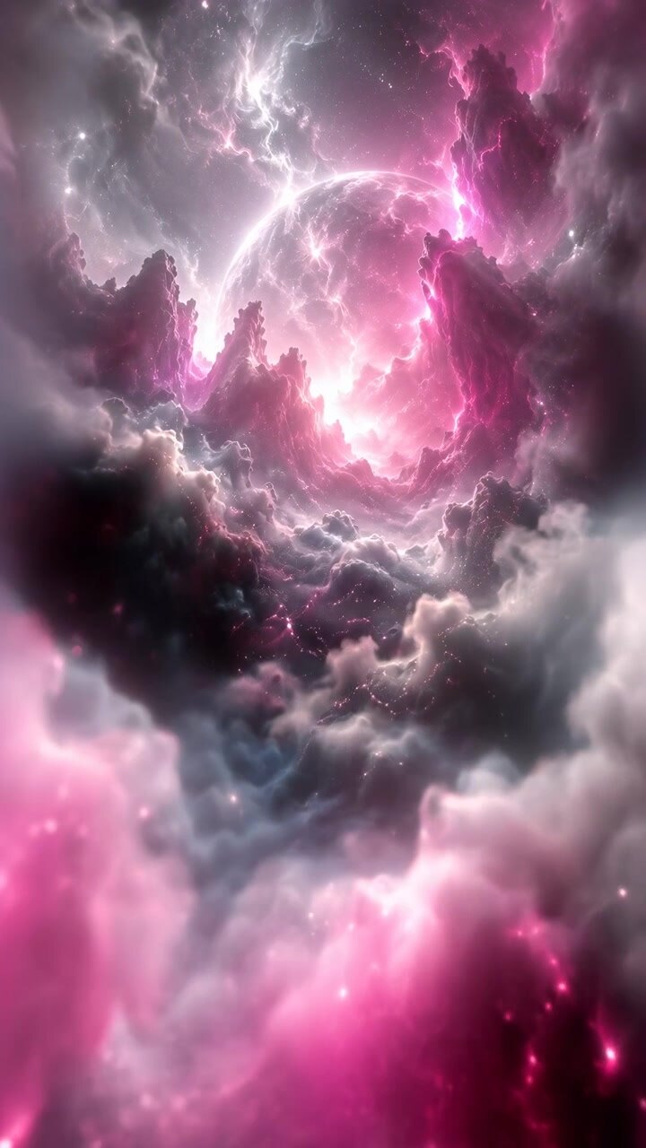 Soft cloud banks shift around a radiant spherical form as pink light spreads through dark textured formations, tiny star-like points, and luminous mist in centered vertical composition.