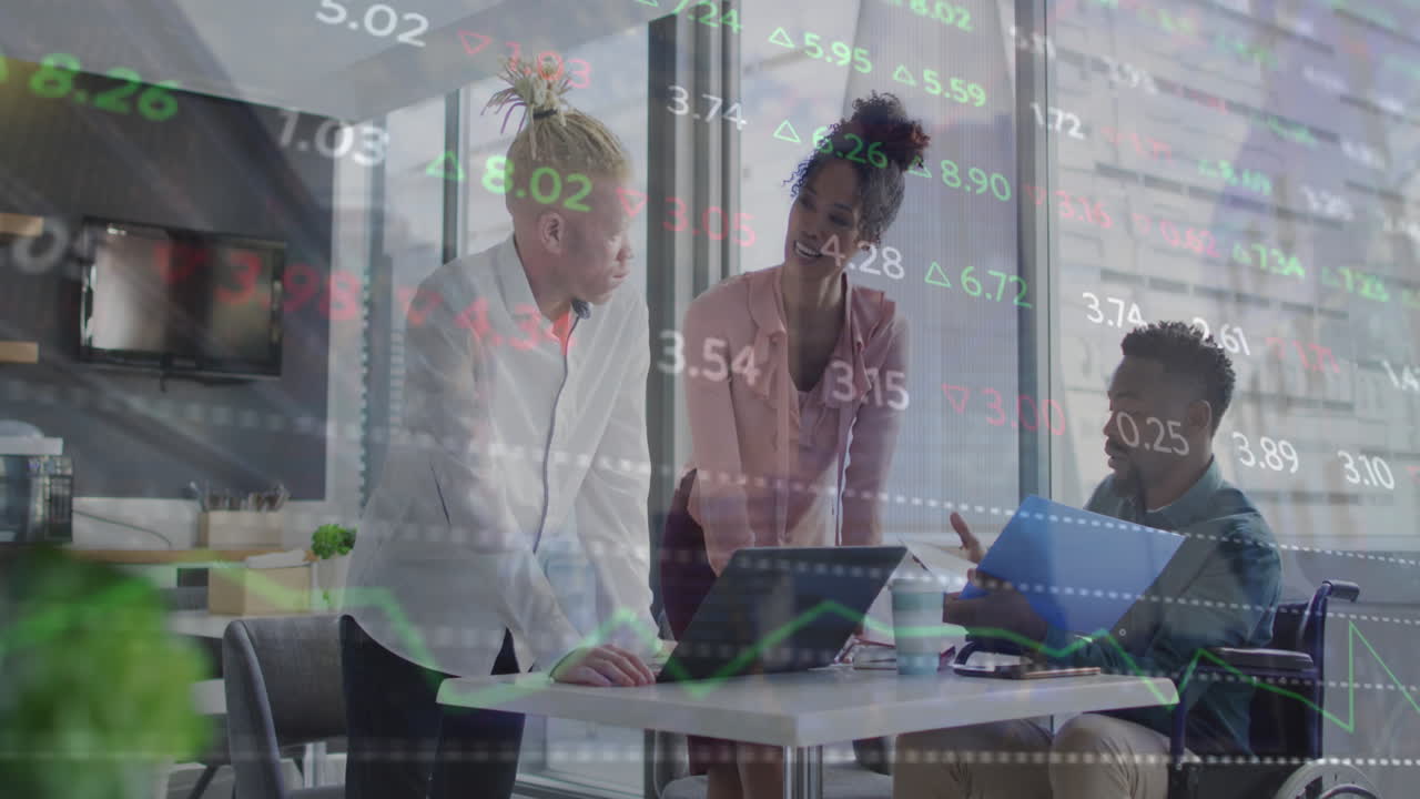 Animation of data processing over diverse business people in office