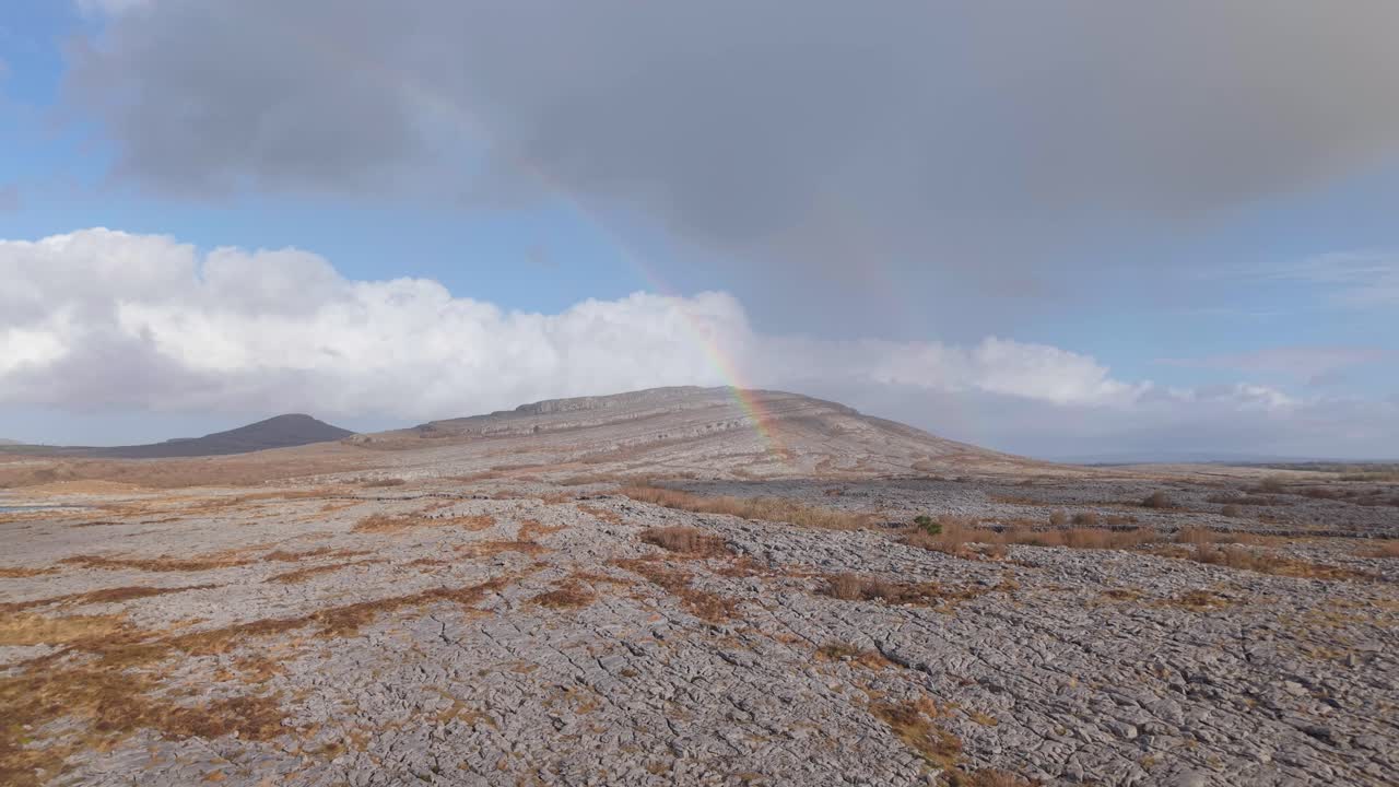 Barren rocky landscape of The Burren, Ireland, with a rainbow under a cloudy sky