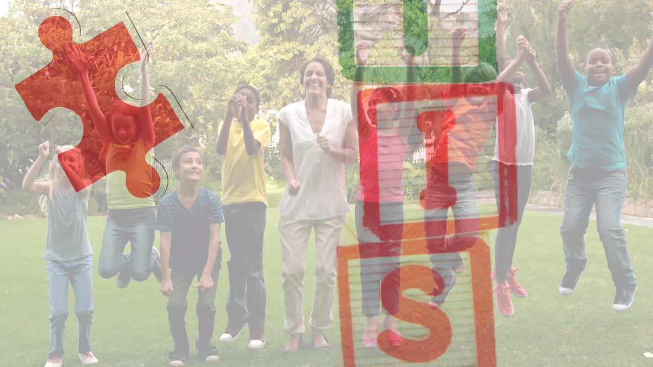 교사와 함께 학교 학생들을 대상으로 다채로운 퍼즐 조각과 자폐증 텍스트의 애니메이션