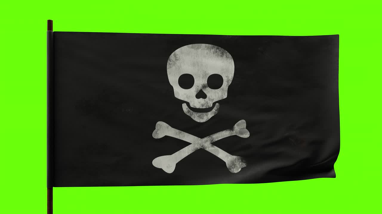 Antiga bandeira pirata Jolly Roger tremulando. Caveira e ossos Animação em loop 4K em tela verde.