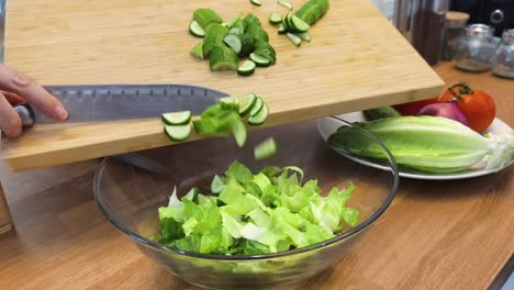 preparando una ensalada de pepino y lechuga