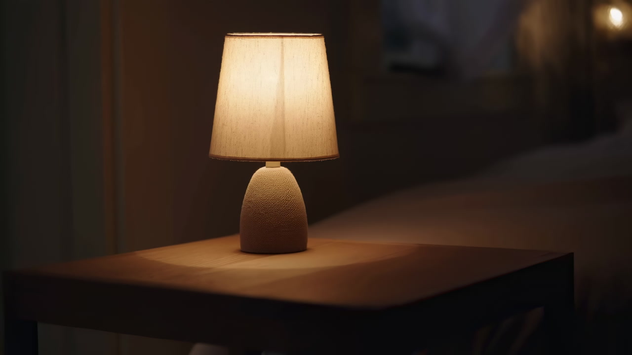 Warm Bedside Lamp Glowing On Nightstand, Soft Amber Light Casts Cozy Shadows Across Bed And Wall, Minimalist