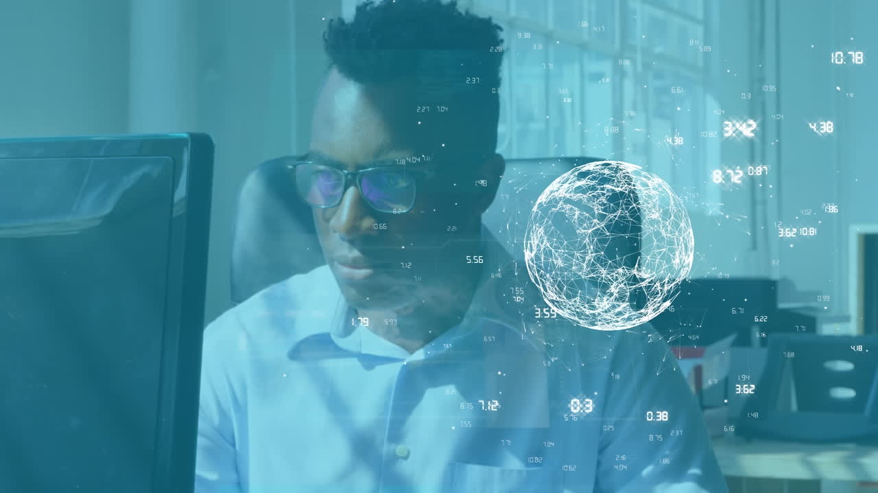 Globe of network of connections against african american man working at office
