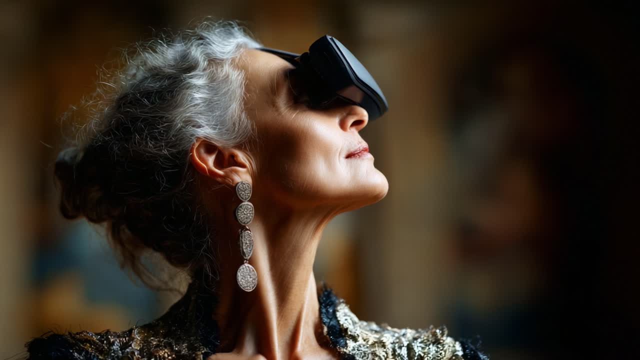 A Graceful Elderly Woman Experiencing Virtual Reality, Highlighting the Intersection of Technology and Wisdom, Captured in Two Dynamic Frames