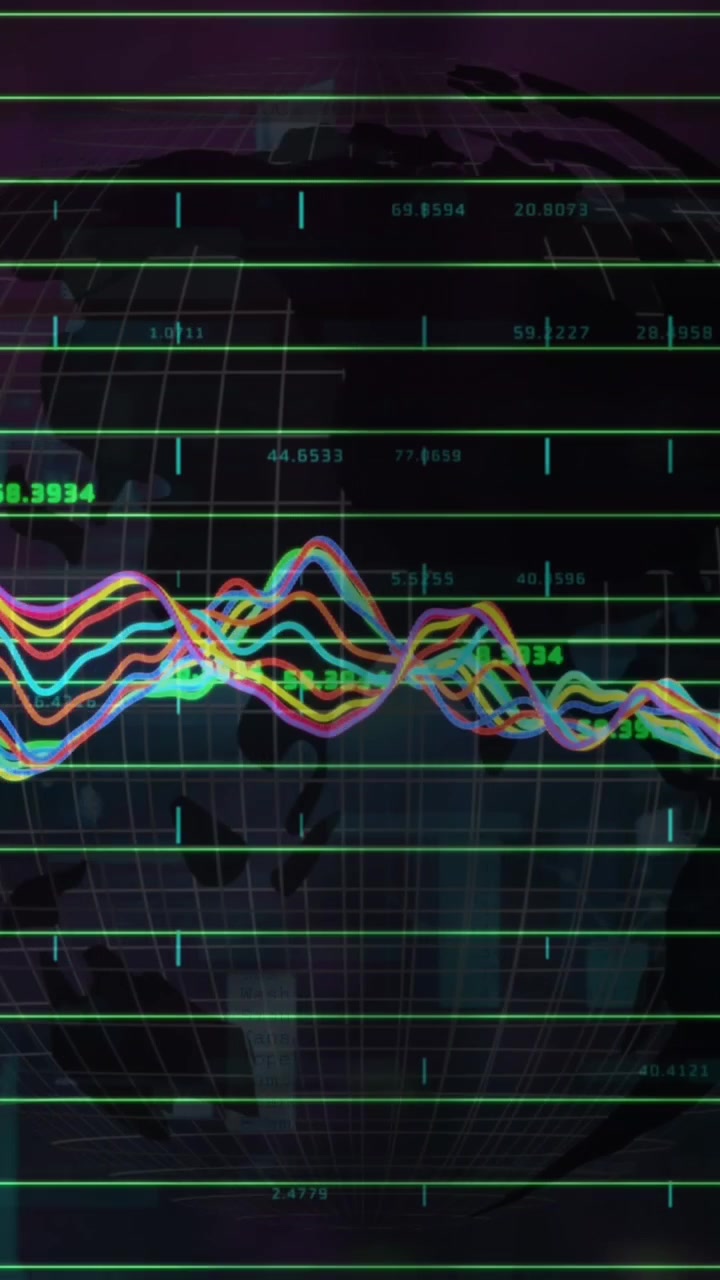 Animación de gráficos financieros sobre fondo negro.