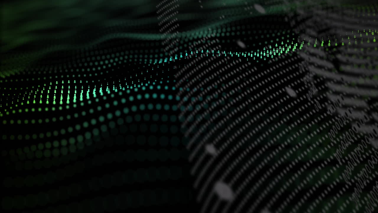Animation of glowing green and black dots creating digital wave pattern