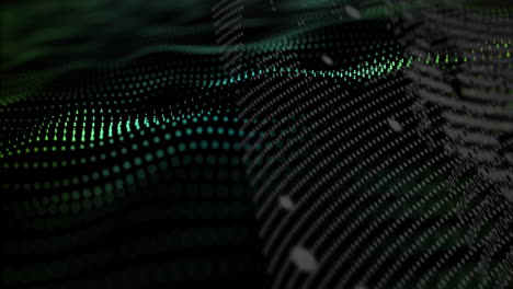 animation of glowing green and black dots creating digital wave pattern
