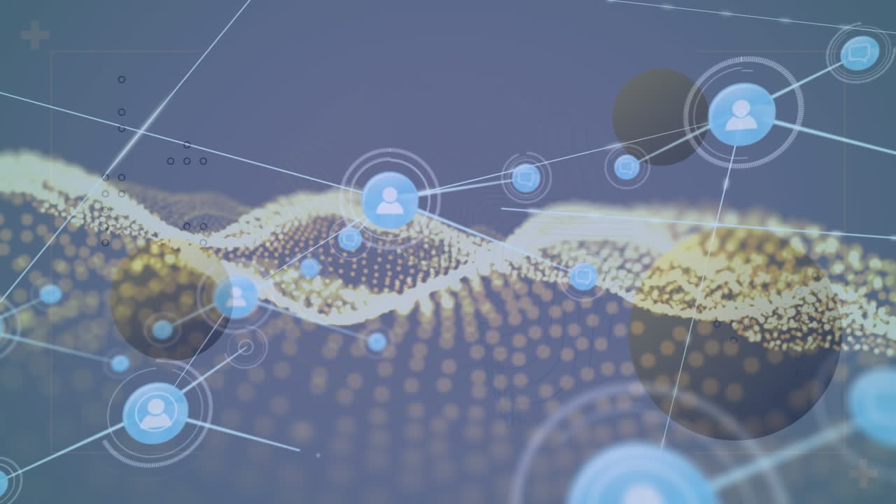 구름이 있는 하늘 위의 아이콘으로 연결된 네트워크의 애니메이션