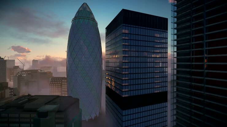 Londra, alba sul The Gherkin, sede della Swiss Reinsurance, panoramica 4K