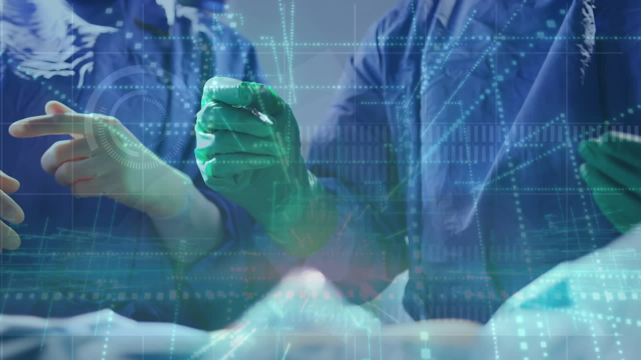 수술실에서 일하는 외과 의사들의 중간 부분에 대한 데이터 처리 애니메이션