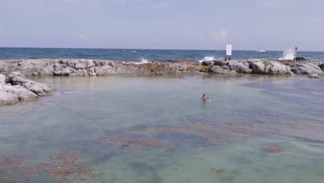 Ein-Dbird,-Der-Im-Ozean-Schwimmt,-Während-Wellen-Auf-Die-Felsen-Dahinter-Krachen