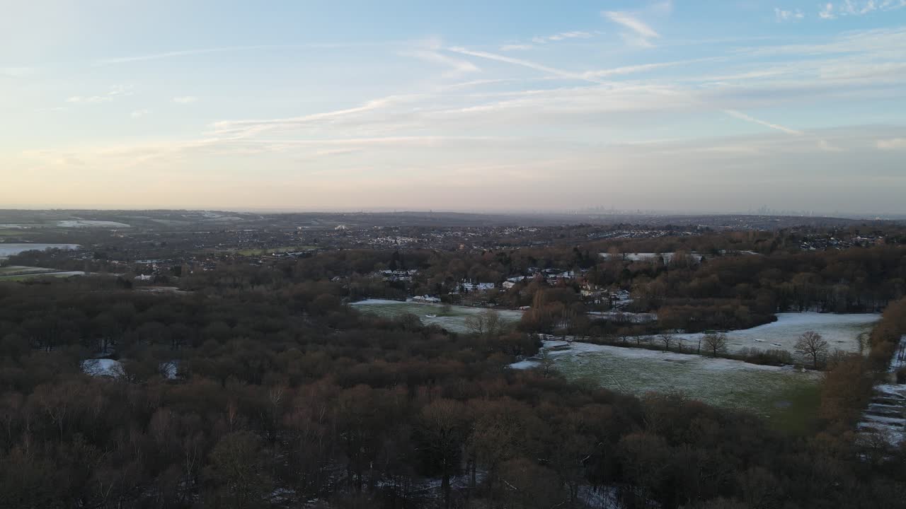 Epping Forest in winter London in distance aerial pan