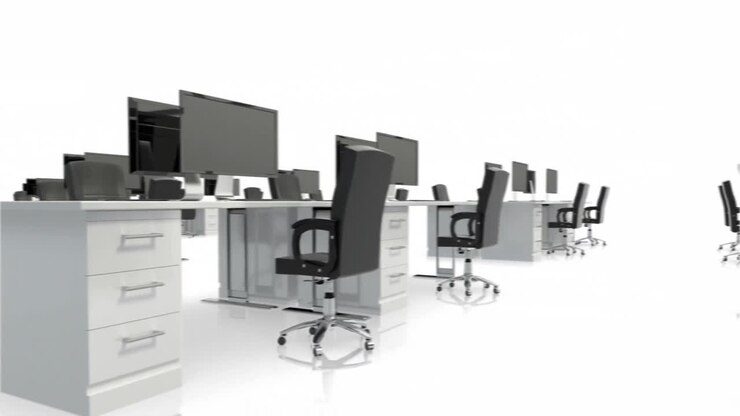 Animatie van een leeg kantoor met bureaus en computers op een witte achtergrond.