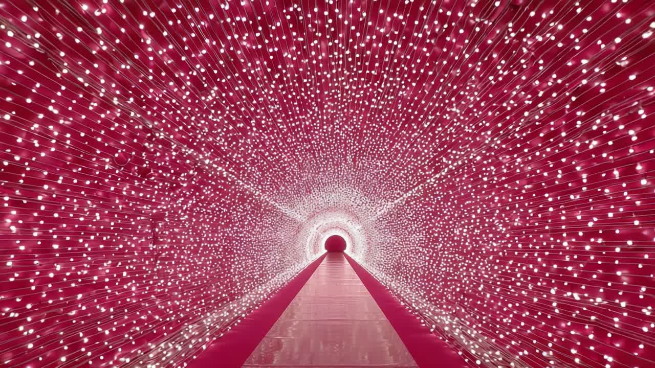 Un tunnel de lumières hypnotique : découvrez l’enchantement d’un chemin radiant entouré d’une illumination rose éclatante et scintillante dans un affichage visuel époustouflant