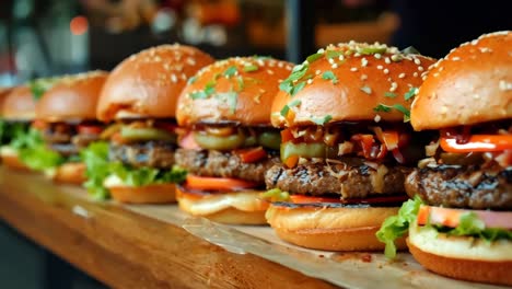 a row of hamburgers lined up on a wooden cutting board