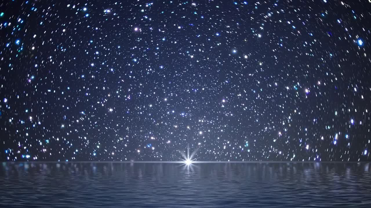 A mesmerizing video of a starry night sky reflecting on water, captured from a low angle