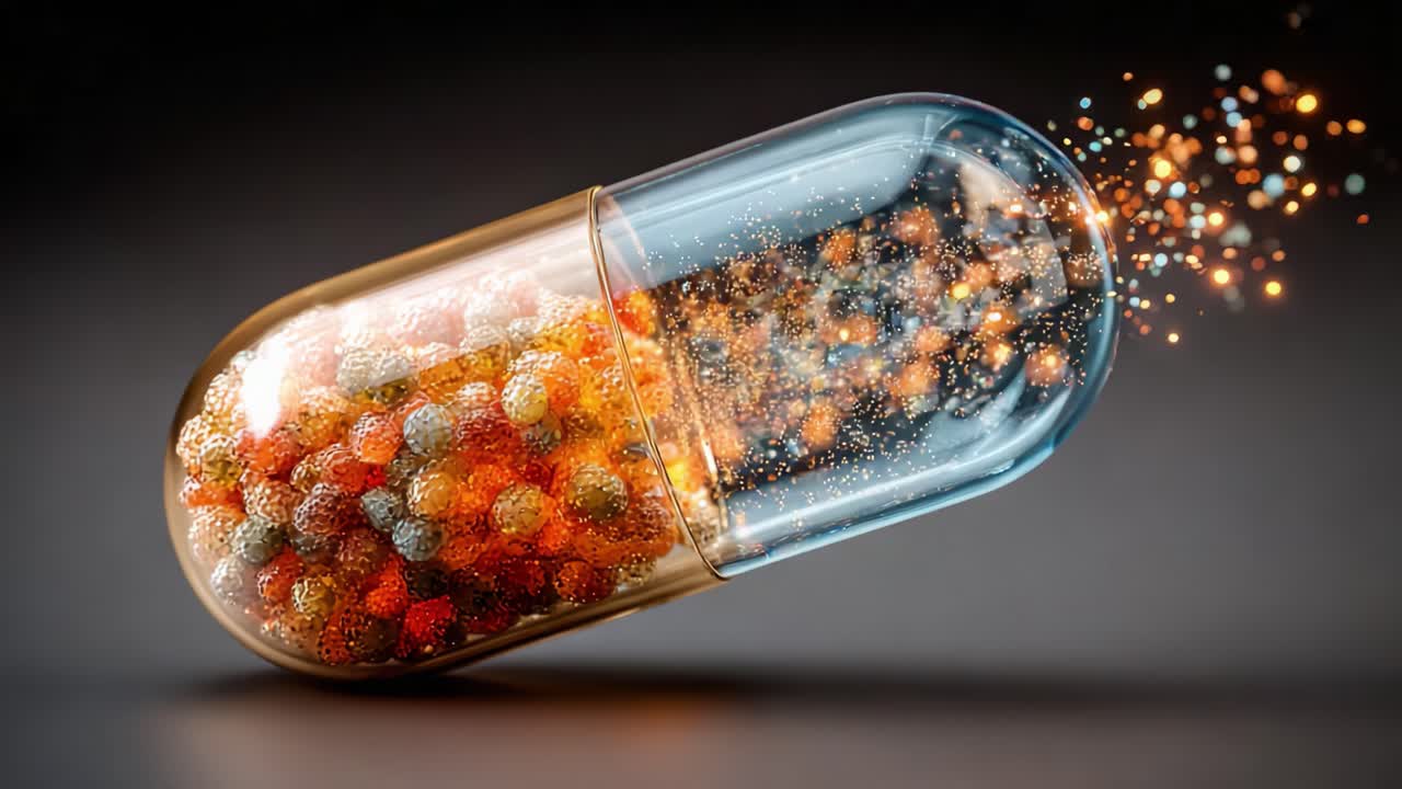 Una Capsula Vibrante che Rilascia Particelle Colorate: Esplorando il fascino della farmacia e della salute in una straordinaria rappresentazione digitale della medicina in movimento.