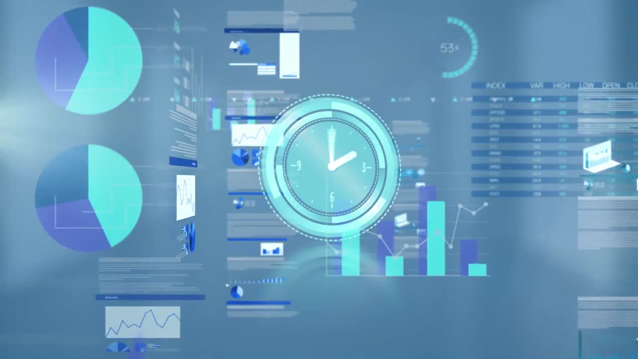 Animation of digital clock over infographic interface and trading board on abstract background