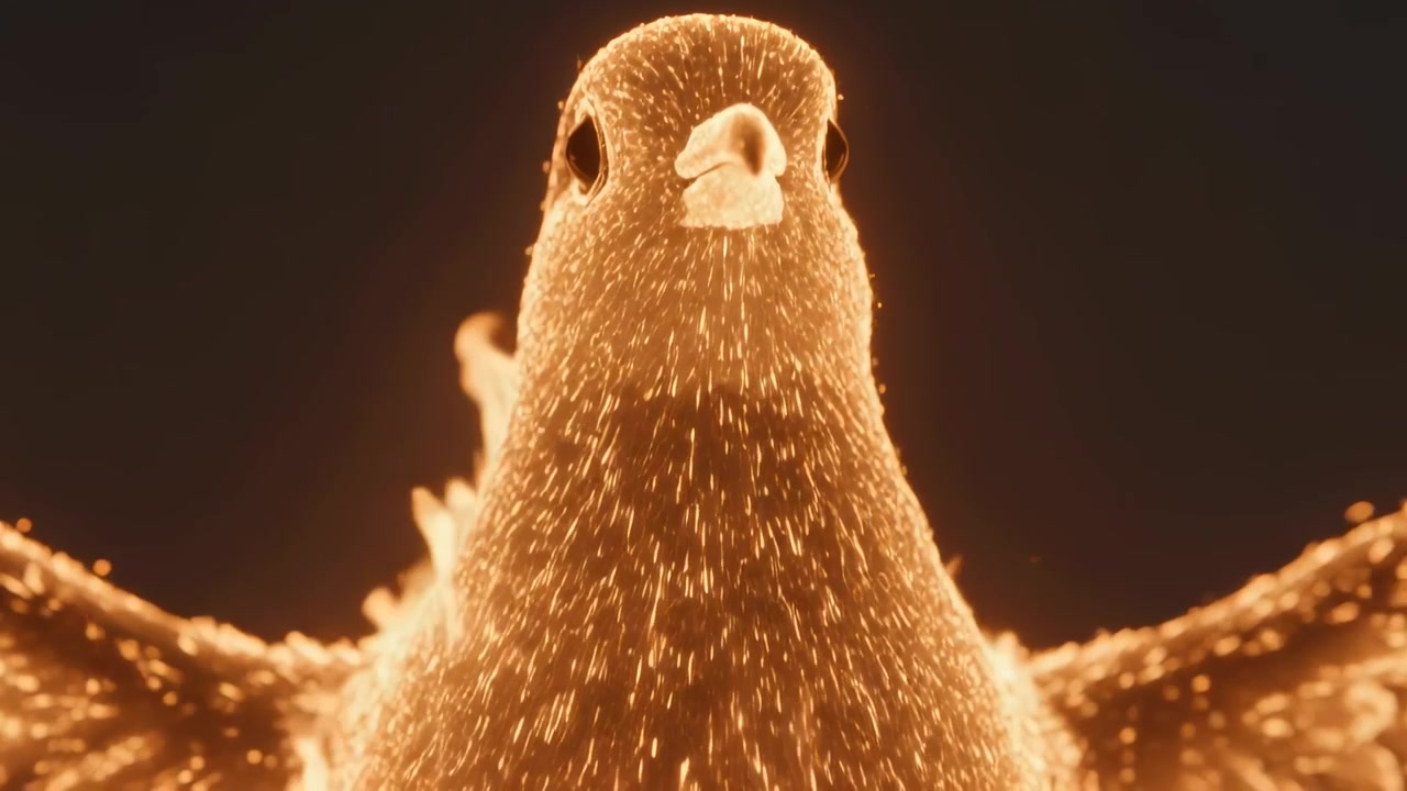 Posture shifting, glowing bird extending wings in dark studio, releasing ember-like particle trails