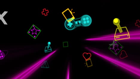 animación de iconos de videojuegos de neón en fondo negro