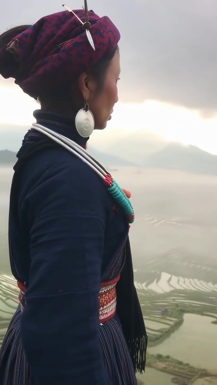 Hmong Woman in Traditional Attire Overlooking Misty Rice Terraces