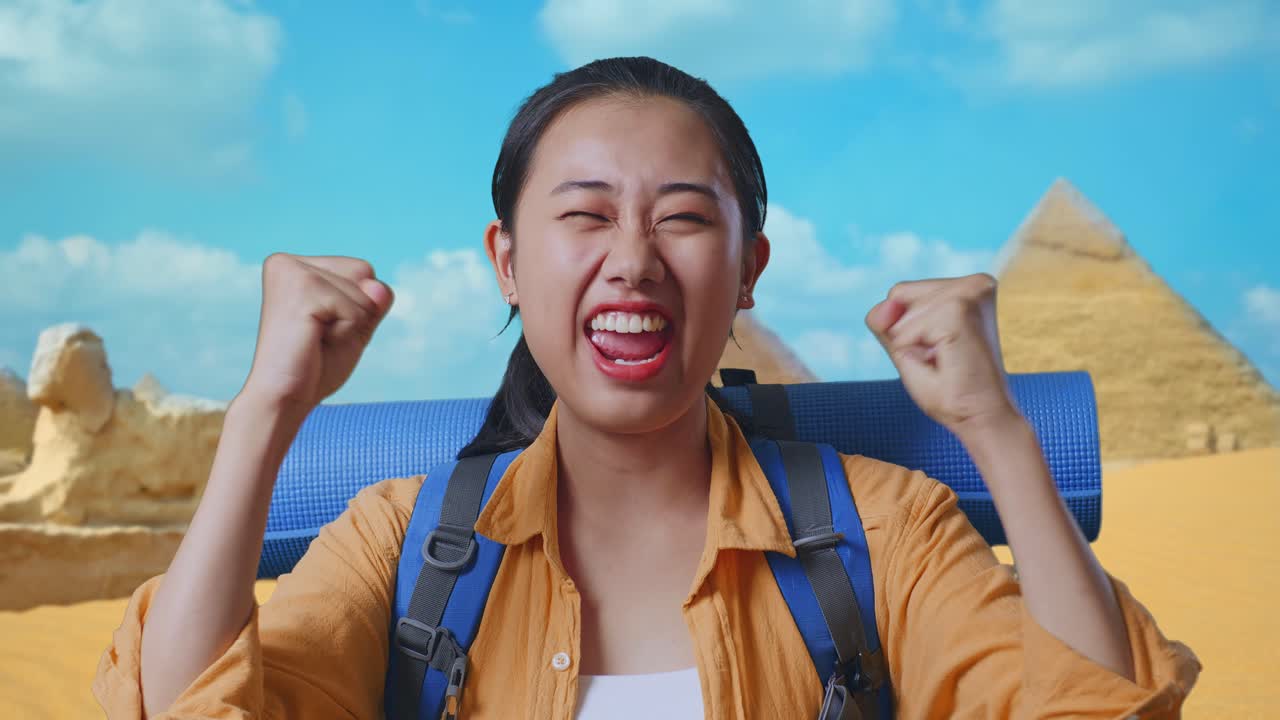 Excited Traveler in front of the Pyramids