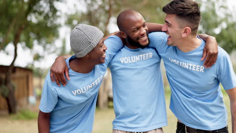 happy man, volunteer and hug in nature