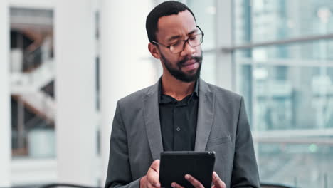 company tablet, scroll and black man reading bad