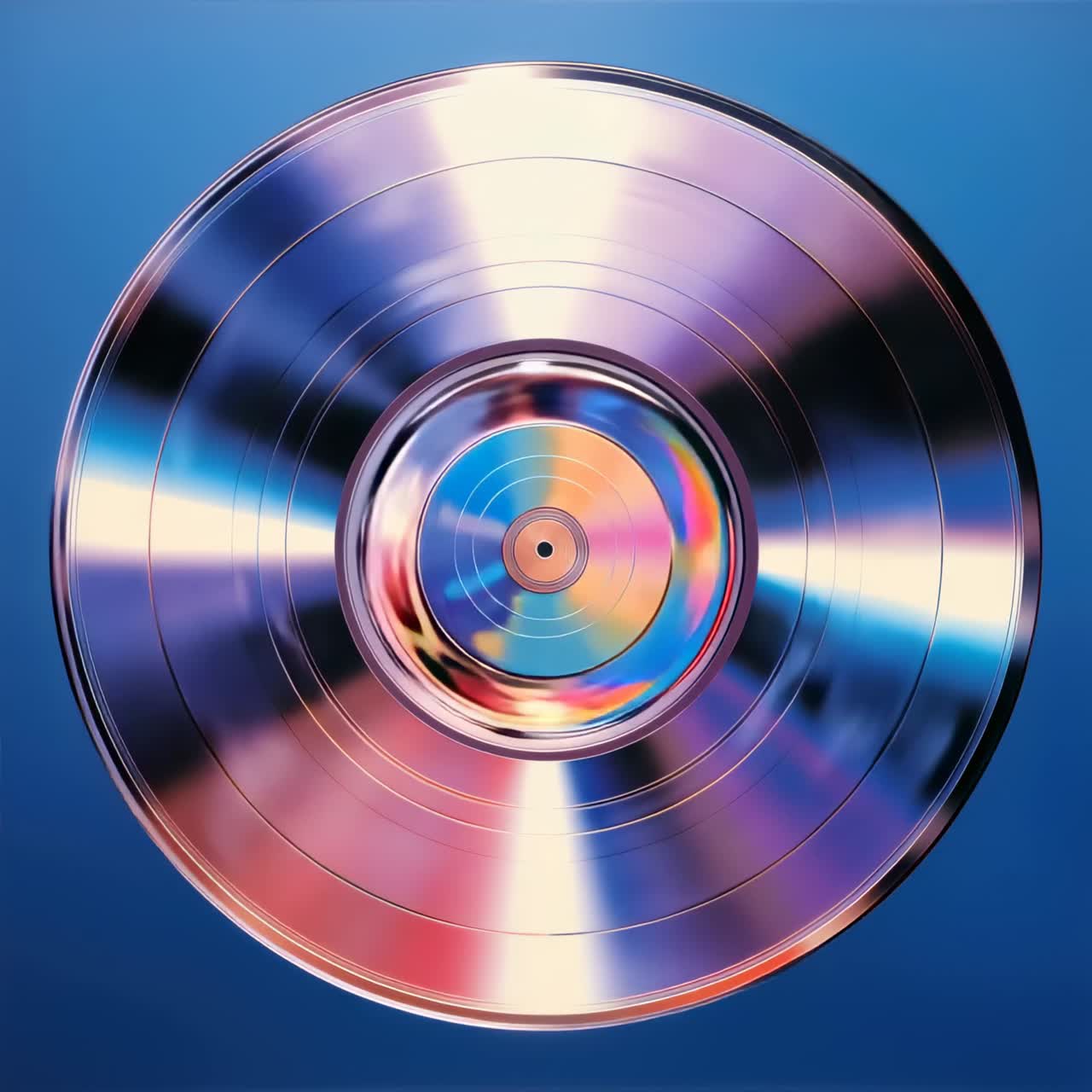 Luftbillede af en farverig, reflekterende vinylplade mod en blå baggrund, der fremkalder en retro-videostemning