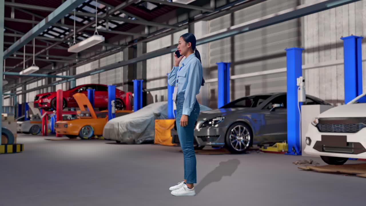 Vista lateral de corpo inteiro de uma mulher asiática em uma oficina de conserto de carros, ela está falando com alguém ao telefone