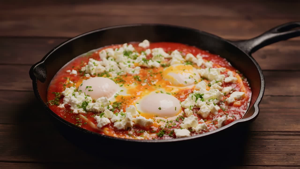 Delicious Shakshuka with Feta Cheese and Herbs in a Cast Iron Skillet