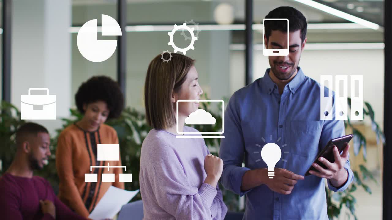Man tapping smartphone, woman watching in business office, icons appearing and guiding teamwork
