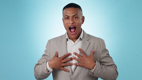 face, wow and surprise with a business man