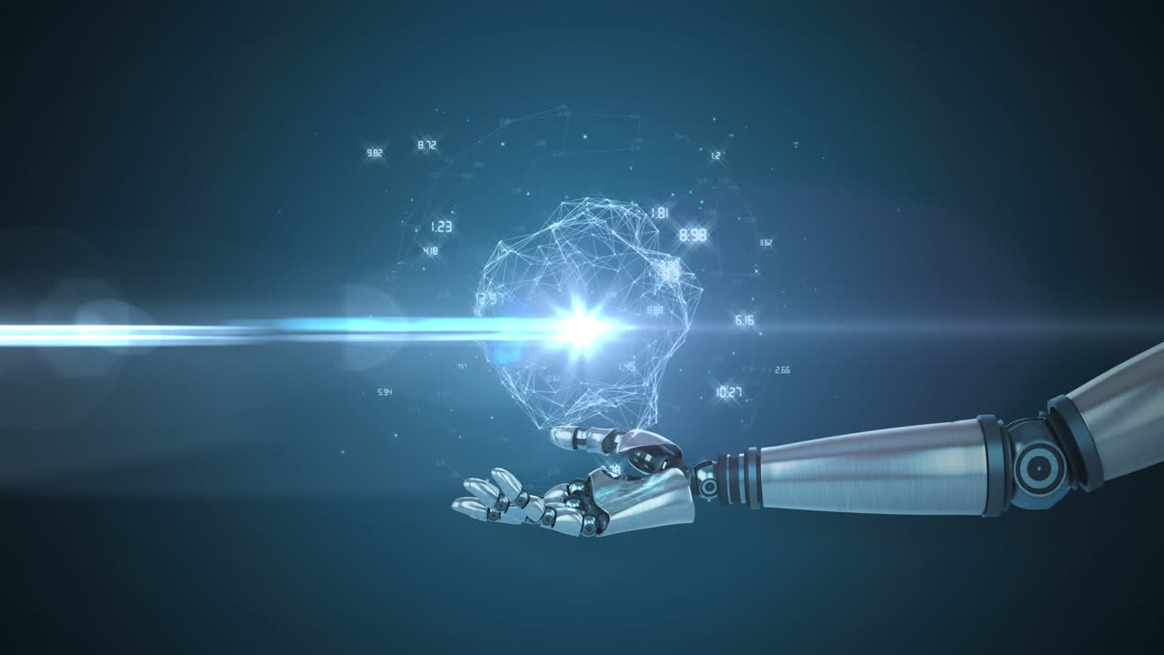 animación de datos de procesamiento de red sobre la mano del brazo del robot, con luz en movimiento sobre fondo oscuro