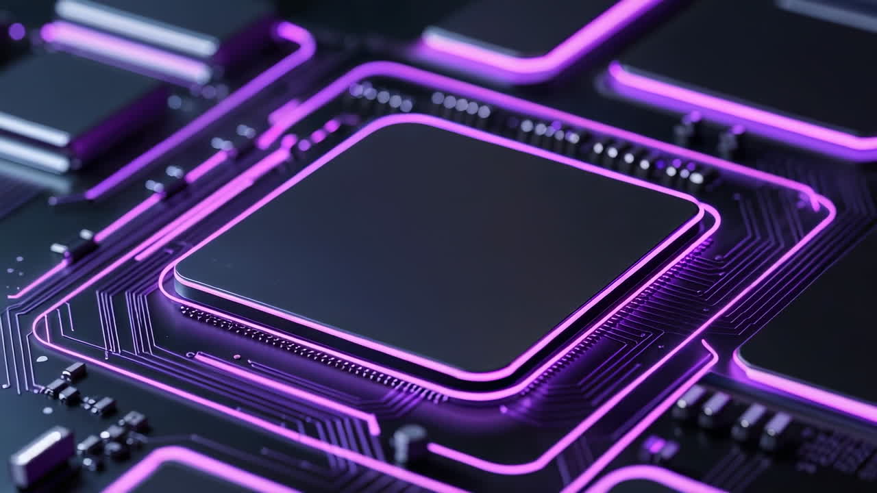Close-up of a Futuristic Circuit Board with Purple Illumination