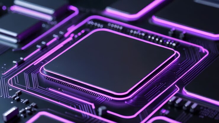 Close-up of a Futuristic Circuit Board with Purple Illumination
