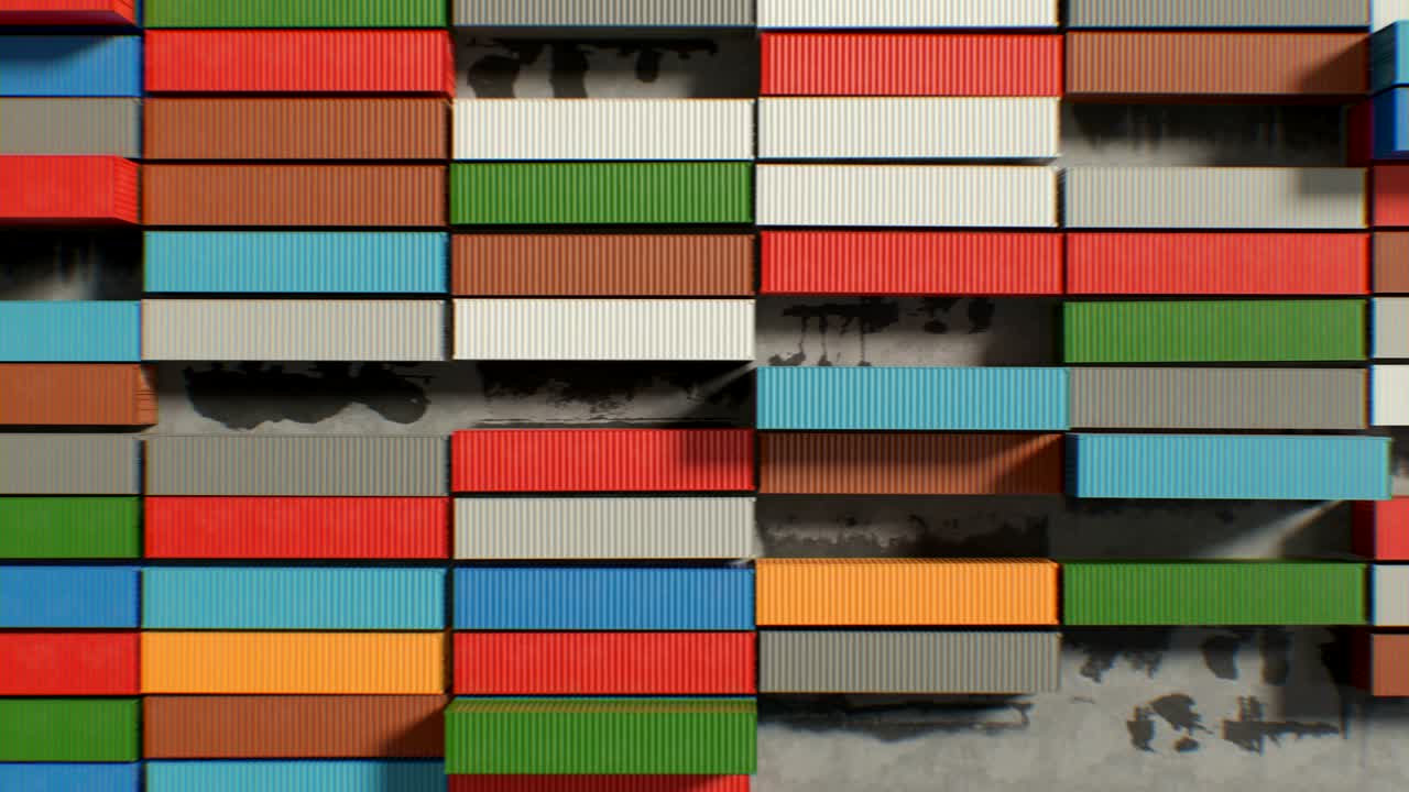 hermoso vuelo sobre el puerto industrial moderno internacional con filas de contenedores sin problemas. animación en bucle 3d de contenedores desde la parte superior. negocio de transporte.