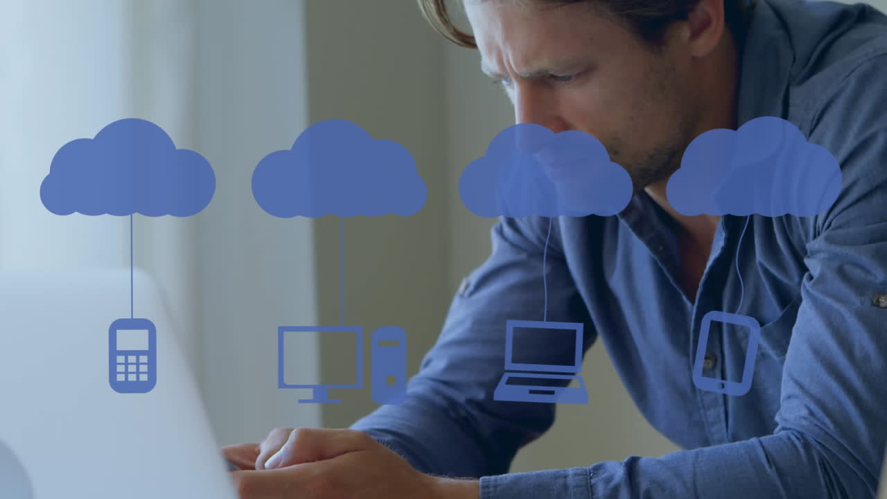 Animation of icons over man using smartphone