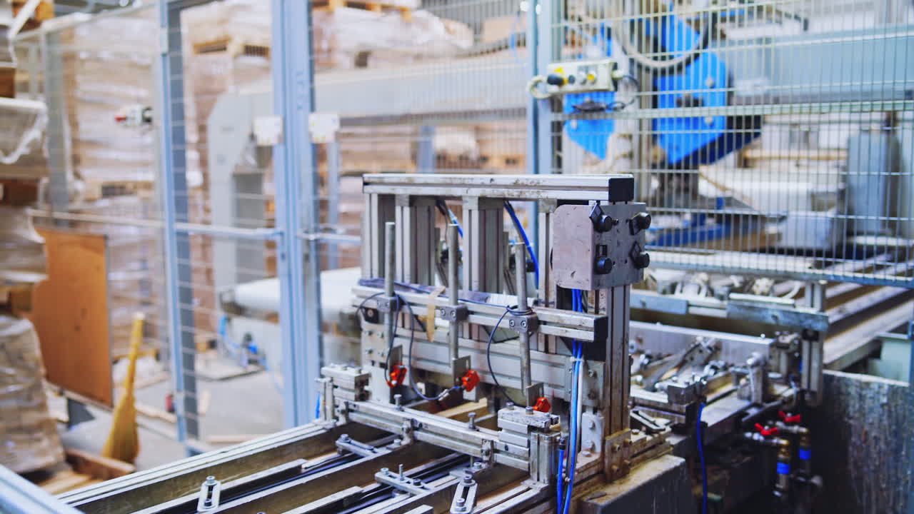 Automated equipment in a woodworking plant. Interior of a modern robotic factory of parquet production.
