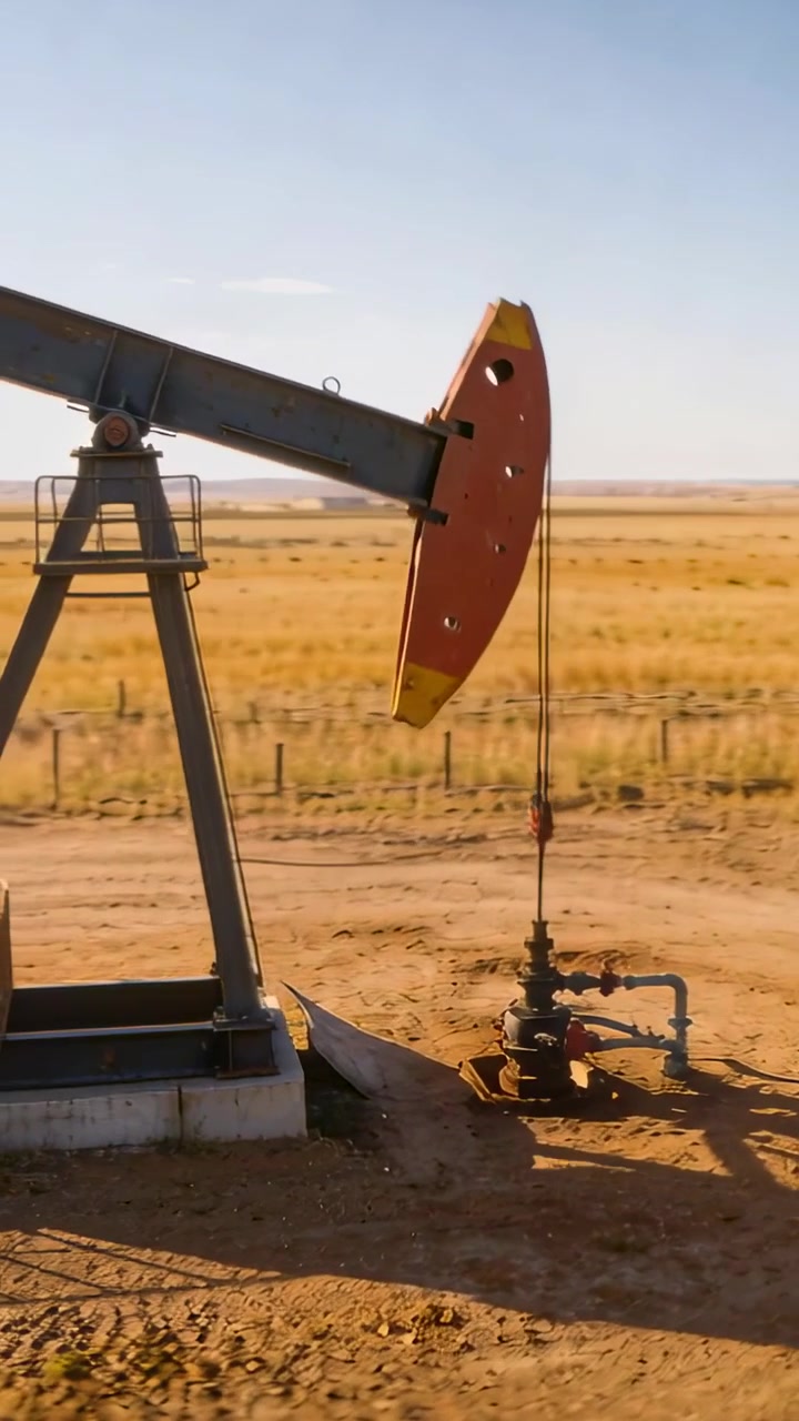Vertical video: Turning crank pumpjack pumping oil on arid plain, lifting horsehead and pulling rod