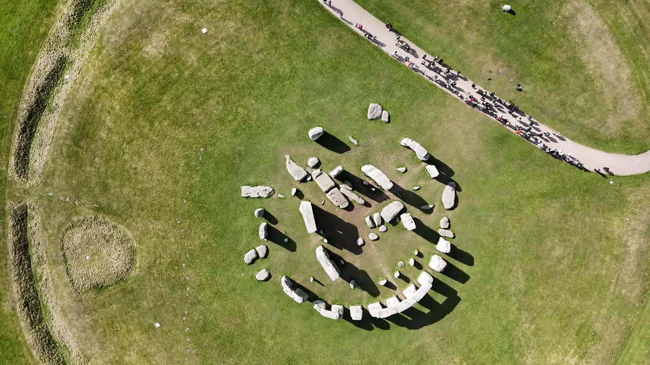 High Overhead birds eye drone aerial view Stonehenge stone circle