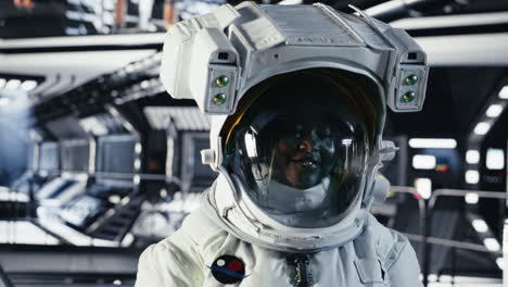portrait of joyful astronaut putting cosmic protection equipment on